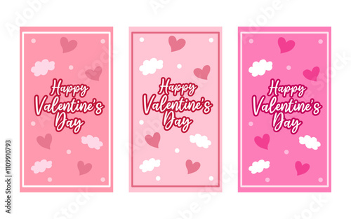 Three pink Valentines Day cards feature hearts clouds and greetings.
