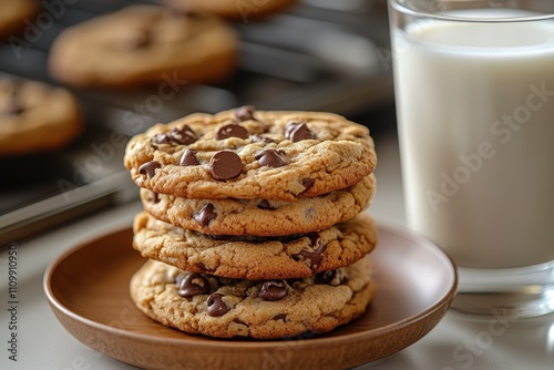 A stack of chocolate chip cookies beside a glass of milk, evoking a cozy snack moment.