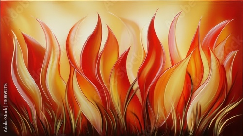 Abstract artwork featuring vibrant flames in shades of red, orange, and yellow.