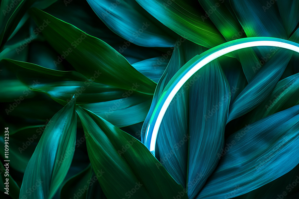Neon green and blue lights glowing on tropical leaves, blending nature with a futuristic, glowing ambiance Neon green and blue lights glowing on tropical leaves, blending nature with a futuristic, glowing ambiance