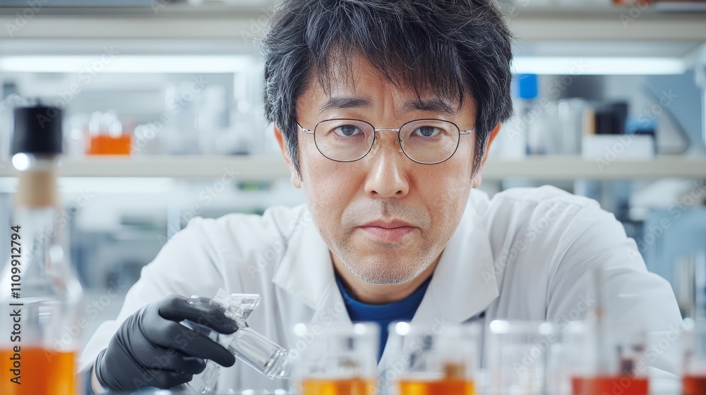 Scientist in Laboratory Analyzing Samples with Serious Expression