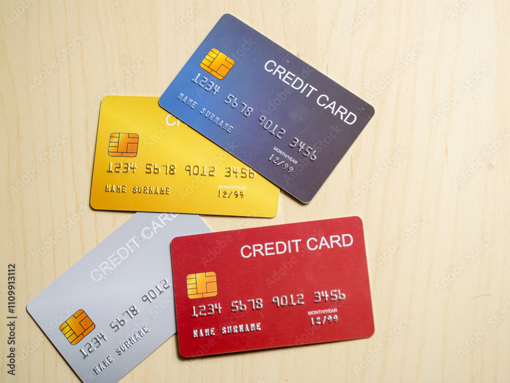 Credit card collection display home office financial management indoor close-up consumer awareness