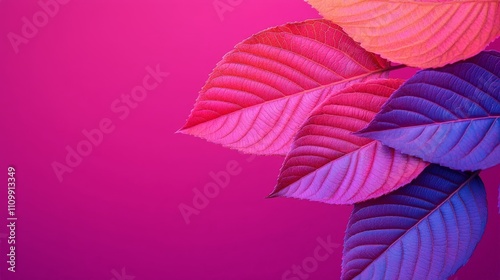 Vibrant colorful autumn leaves on pink background.
