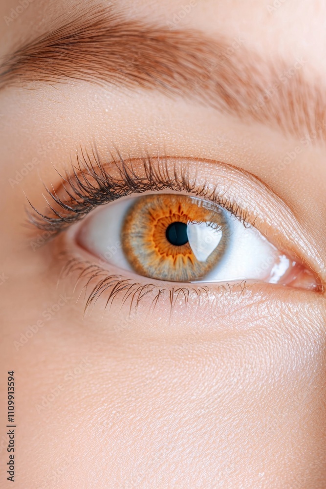 Obraz premium A close-up of a human eye showcasing vibrant brown iris, clear sclera, and well-defined eyelashes, highlighting natural beauty and detail.
