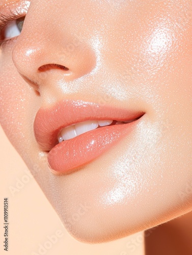 A close-up of a woman's lips and cheek, showcasing a radiant, glowy complexion with a soft peachy tone.