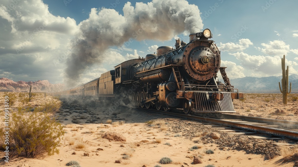 Obraz premium Steam Locomotive Racing Through Vast Desert Plains Under Harsh Sunlight - Generative AI