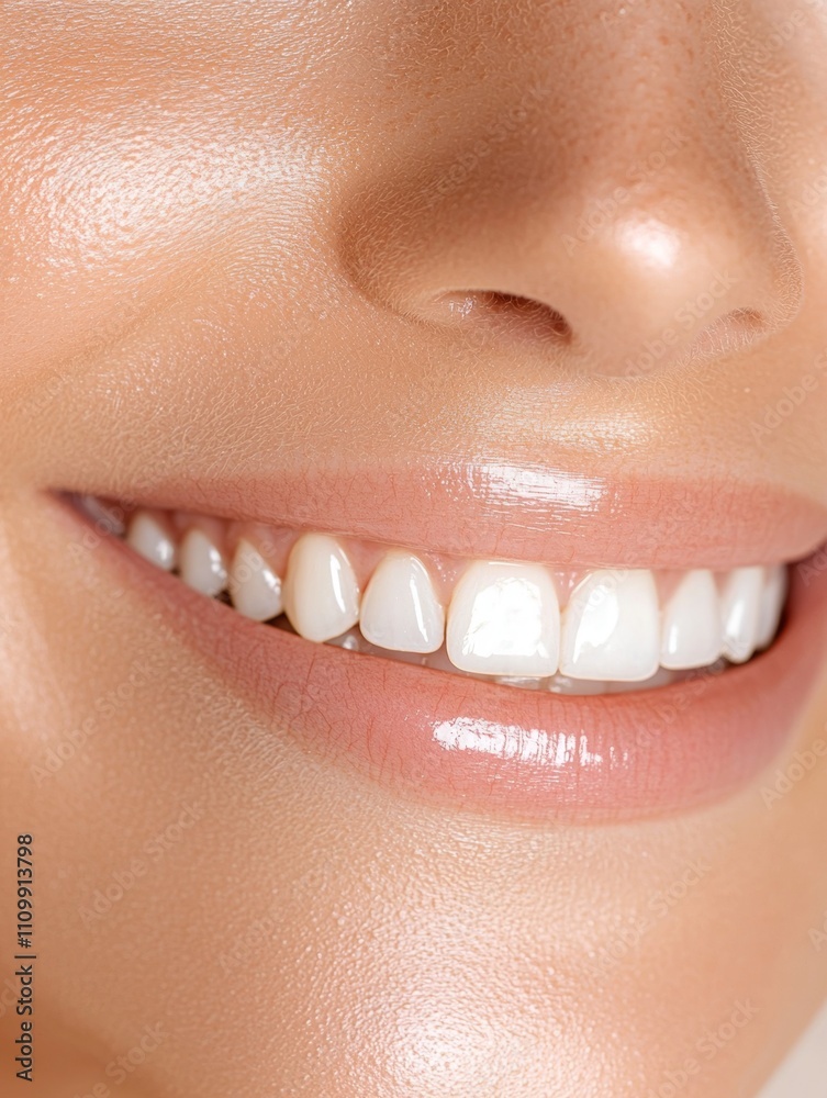Fototapeta premium A close-up of a bright smile showcasing healthy, white teeth and smooth skin, highlighting dental health and aesthetic appeal.