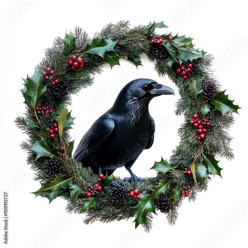A raven perched in a festive holiday wreath adorned with greenery.