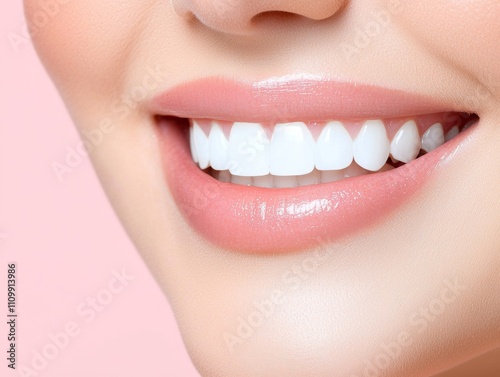 A close-up of a smiling mouth showcasing perfectly white teeth and soft pink lips against a pastel background.