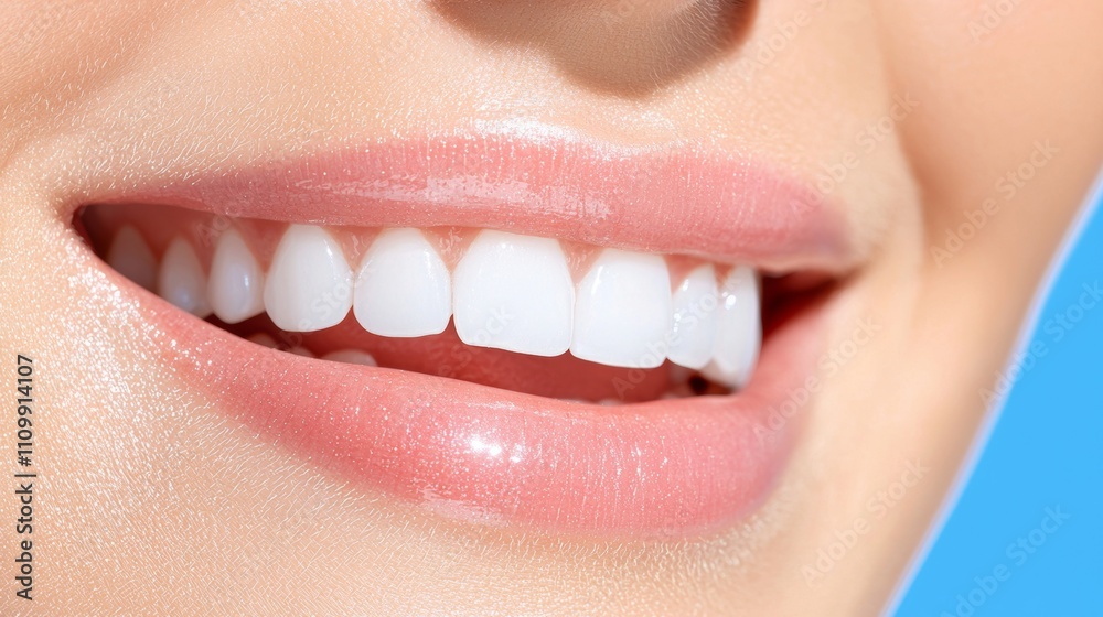 A close-up of a smiling mouth showcasing bright, white teeth against a blue background, emphasizing dental health and aesthetics. A close-up of a smiling mouth showcasing bright, white teeth against a blue background, emphasizing dental health and aesthetics.