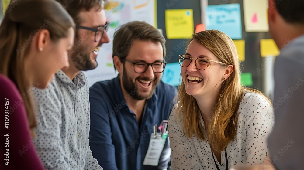 A group of people are laughing and smiling together