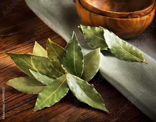 bay leaves on a wooden table