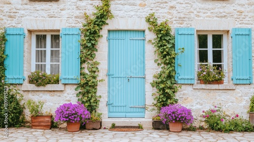 Charming French Country House Teal Shutters Stone Wall Flowers