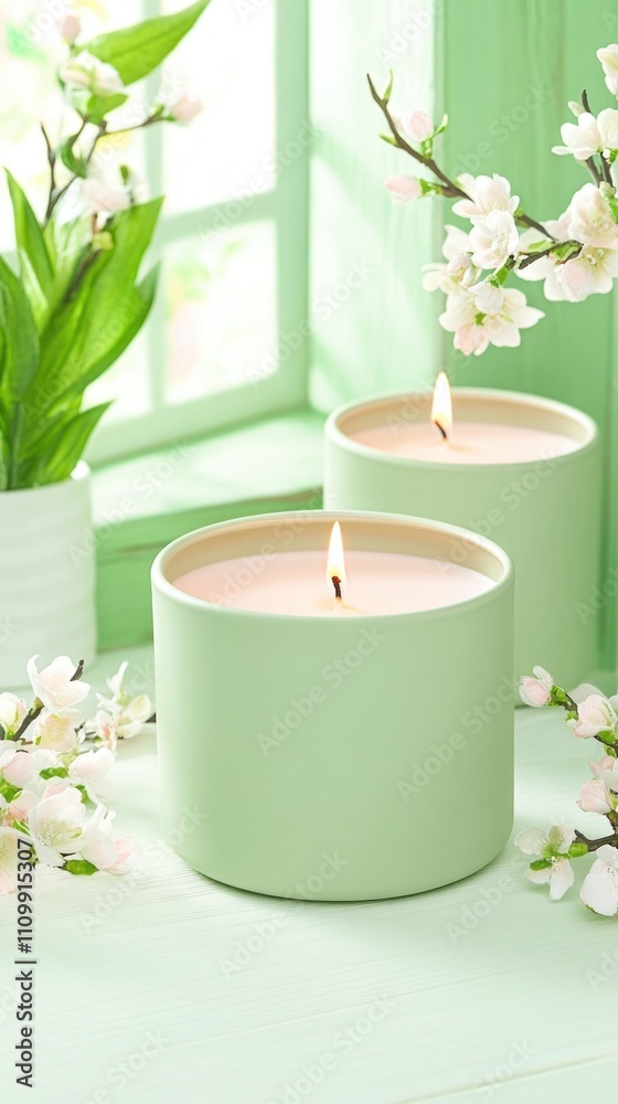 Tranquil green candles with blossoms near a sunlit window Tranquil green candles with blossoms near a sunlit window