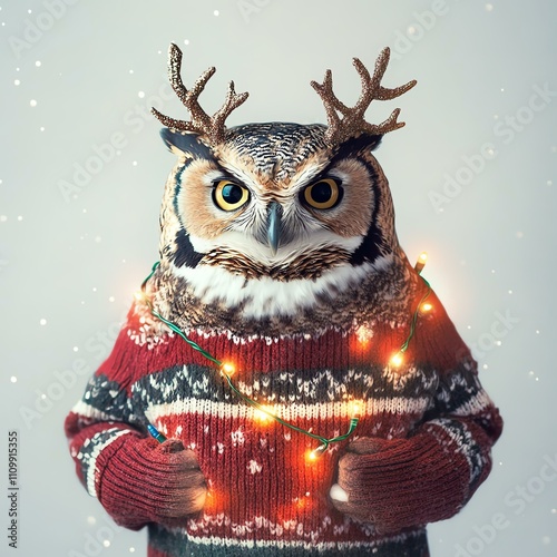 A festive owl dressed in a sweater with twinkling lights. photo