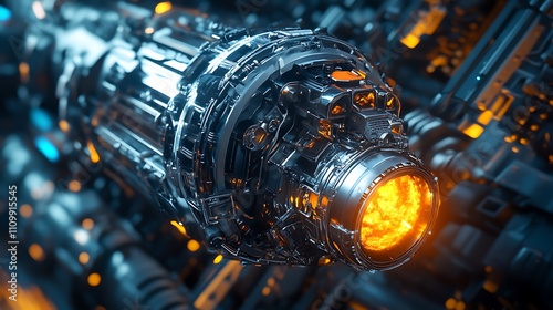 Futuristic engine with glowing core, intricate metallic design.