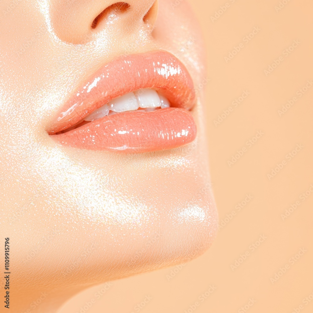 Fototapeta premium A close-up of a glossy, well-defined lip and chin area on a smooth, luminous skin background.