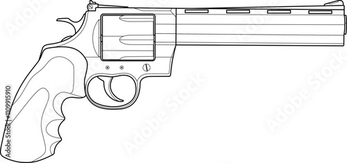 a detailed side view of a silver revolver with a black ergonomic grip, showcasing its sleek design and mechanical components