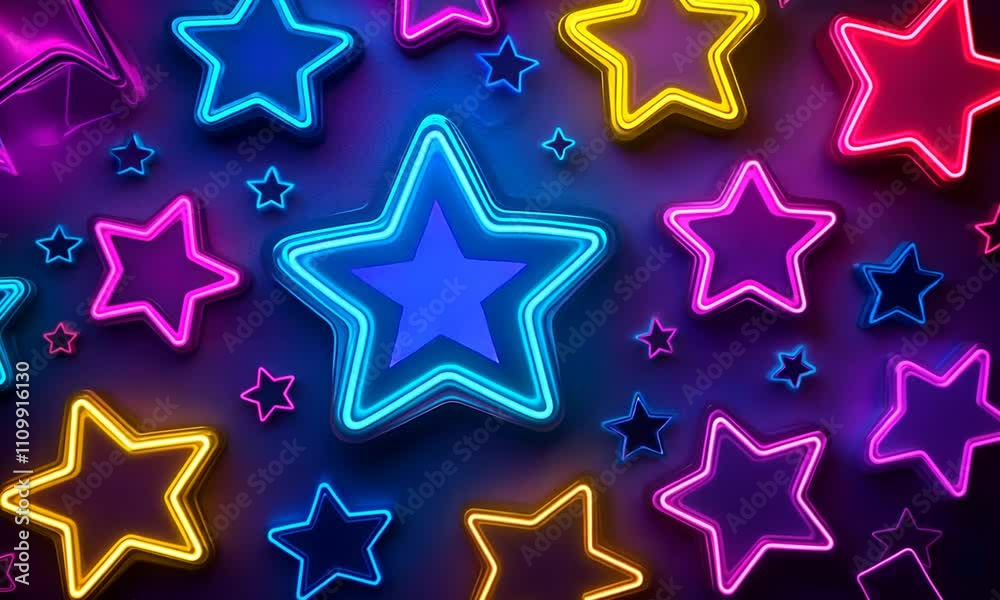 A vibrant background of glowing neon stars in various colors, creating a lively atmosphere.