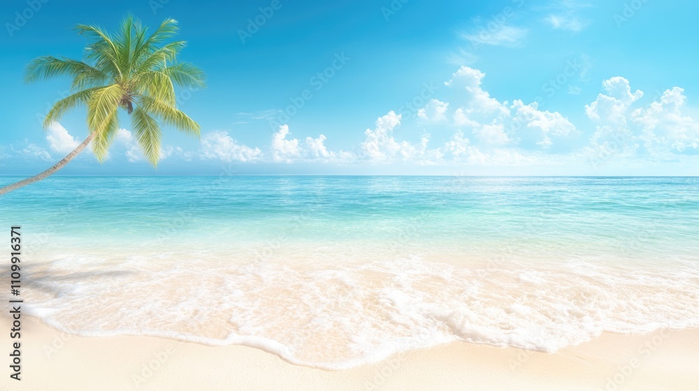 Tropical paradise with palm tree and pristine beach under a clear blue sky Tropical paradise with palm tree and pristine beach under a clear blue sky