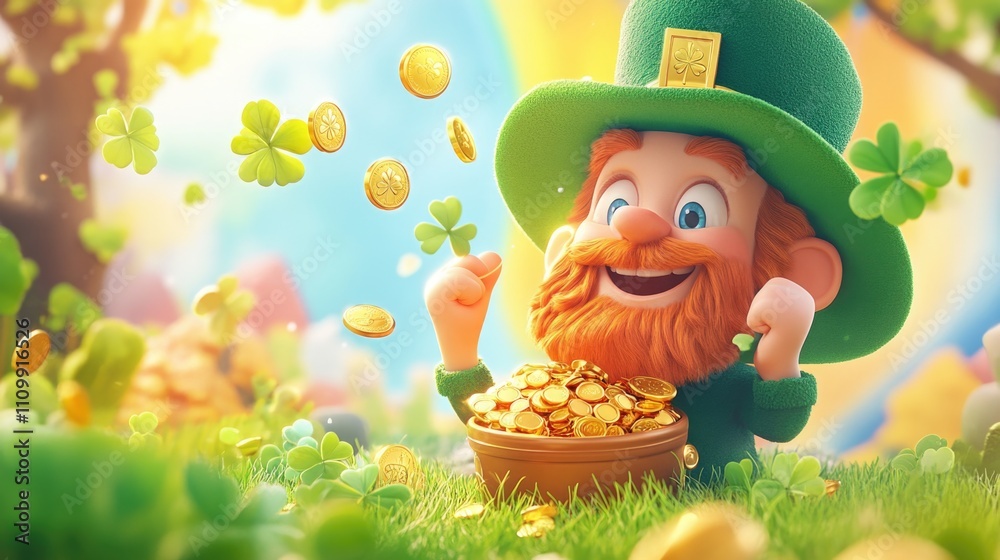 Cheerful leprechaun with pot of gold amidst four-leaf clovers in a sunny meadow. Happy St. Patrick's Day. Saint Patrick Cheerful leprechaun with pot of gold amidst four-leaf clovers in a sunny meadow. Happy St. Patrick's Day. Saint Patrick