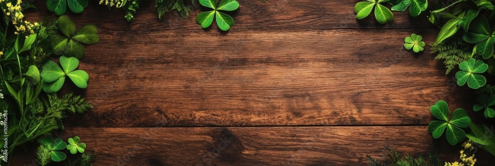Lush greenery and clover leaves on rustic wooden plank background. Happy St. Patrick's Day. Saint Patrick Lush greenery and clover leaves on rustic wooden plank background. Happy St. Patrick's Day. Saint Patrick