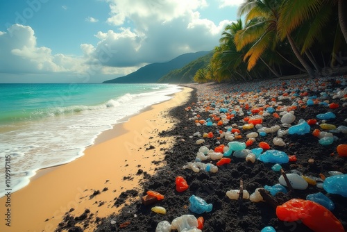 A dramatic split between two beaches: on one side, a pristine, untouched beach with clear waters and soft, golden sand, and on the other, a polluted beach covered in plastic waste, oil spills, and deb photo