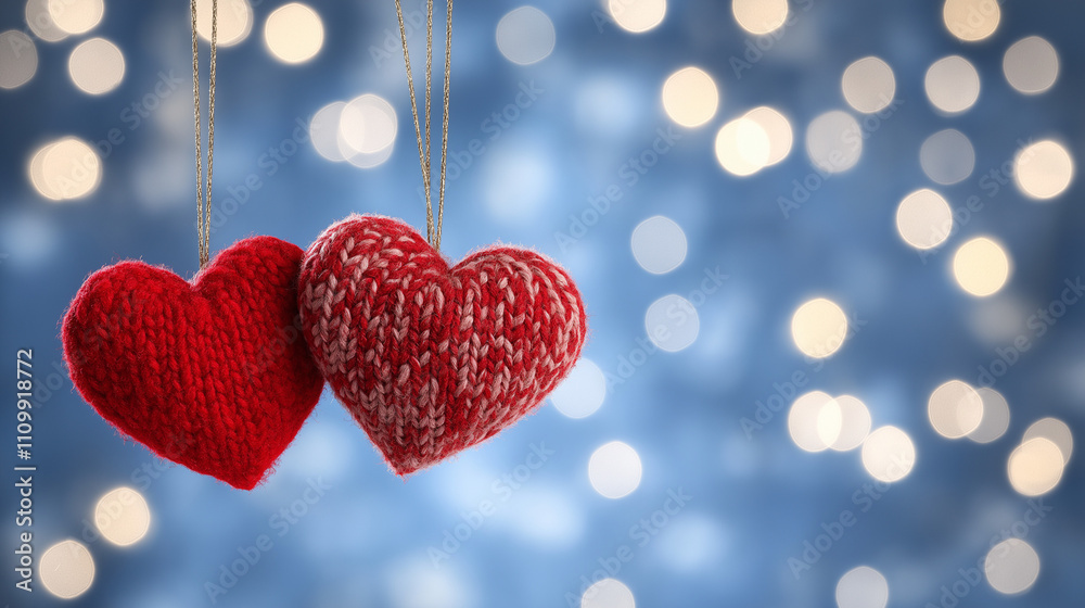 Knitted Hearts: A pair of charming, red knitted hearts, adorned with white speckles, hang from a string against a dreamy backdrop of blue and white bokeh lights, symbolizing love, togetherness. Knitted Hearts: A pair of charming, red knitted hearts, adorned with white speckles, hang from a string against a dreamy backdrop of blue and white bokeh lights, symbolizing love, togetherness.