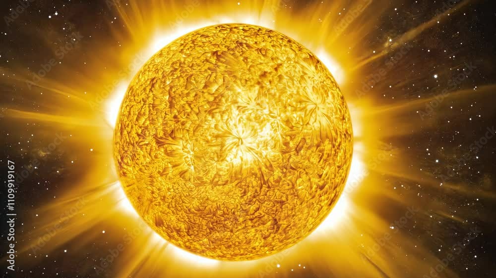 Sun radiates energy in a bright display against a backdrop of stars, showcasing its vibrant surface and solar flares during the day