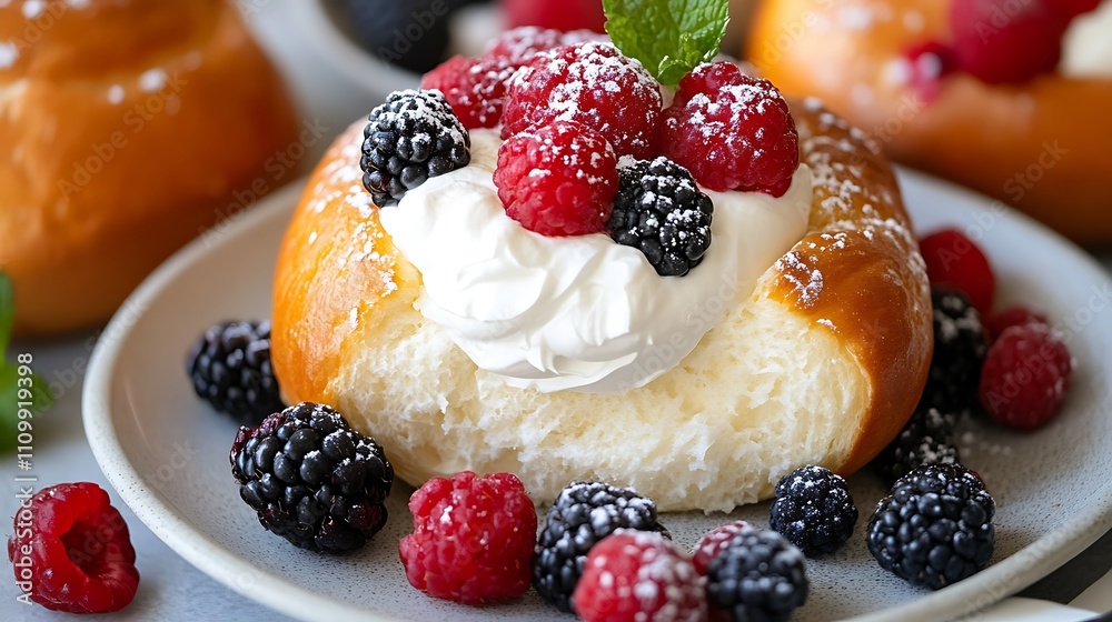 Delicious pastries filled with whipped cream and topped with fresh raspberries and blackberries. Delicious pastries filled with whipped cream and topped with fresh raspberries and blackberries.