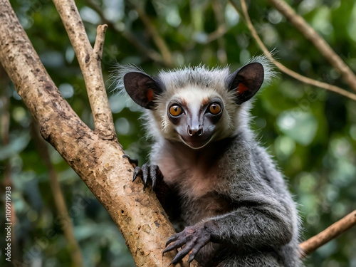 Aye-Aye: A rare lemur found only in Madagascar, the aye-aye is known for its unusual appearance and long, thin middle finger used to extract insects from tree bark. photo