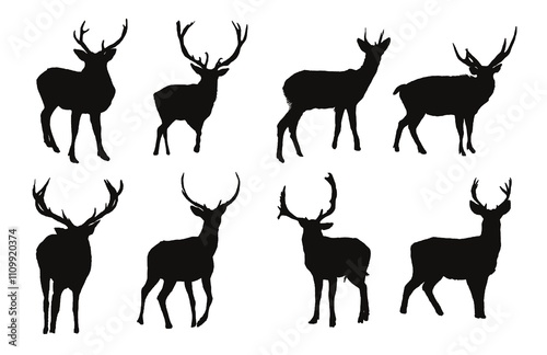 Deer silhouettes Illustration Set, Black and White Silhouettes. Collection of Different Deer Poses, Perfect for Logo, Design, and More.