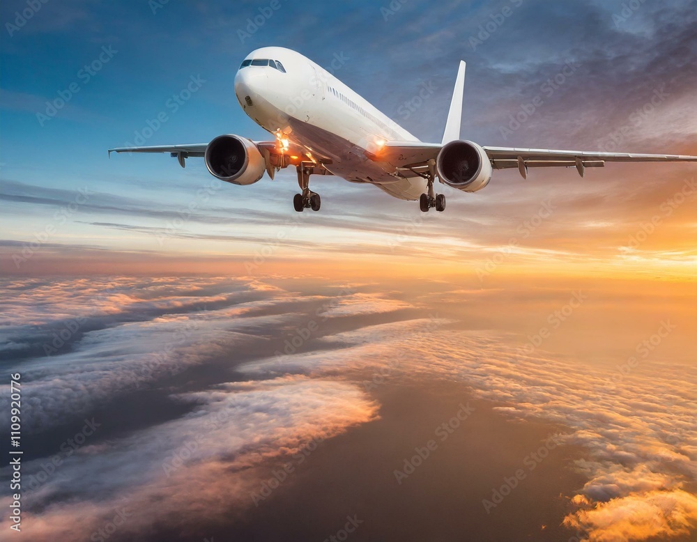 Commercial airplane flying above dramatic clouds during sunset. Commercial airplane flying above dramatic clouds during sunset.