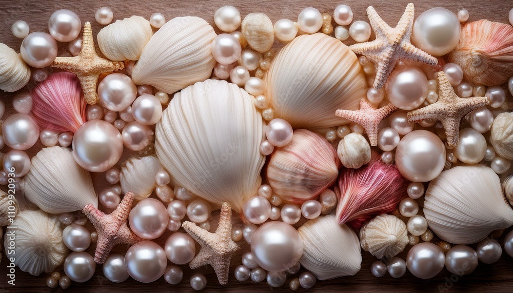 Seashells and pearls arranged artfully. Seashells and pearls arranged artfully.