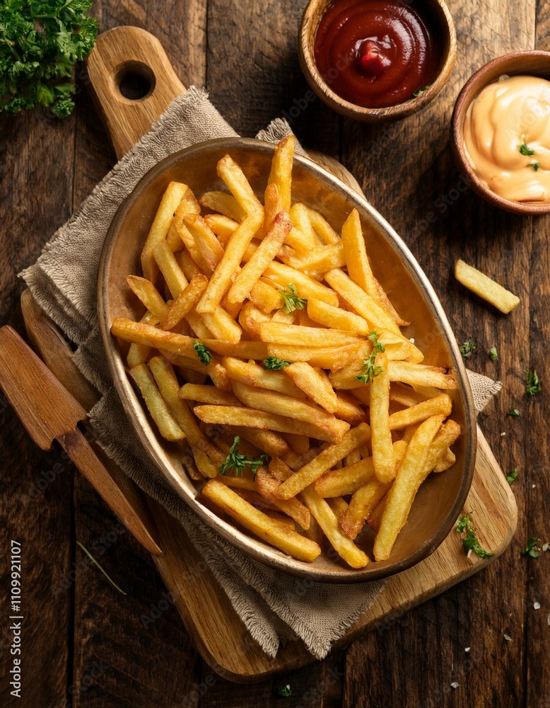 Crispy golden french fries served with ketchup and a creamy dipping sauce. Crispy golden french fries served with ketchup and a creamy dipping sauce.