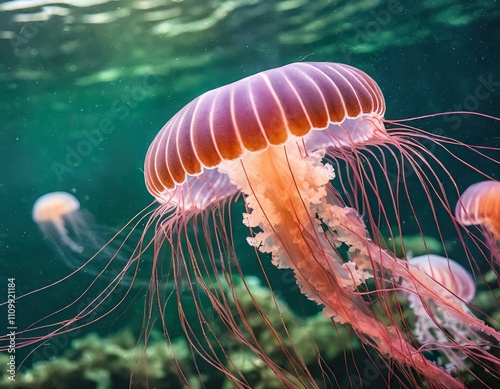 glowing jellyfish chrysaora pacifica underwater photo