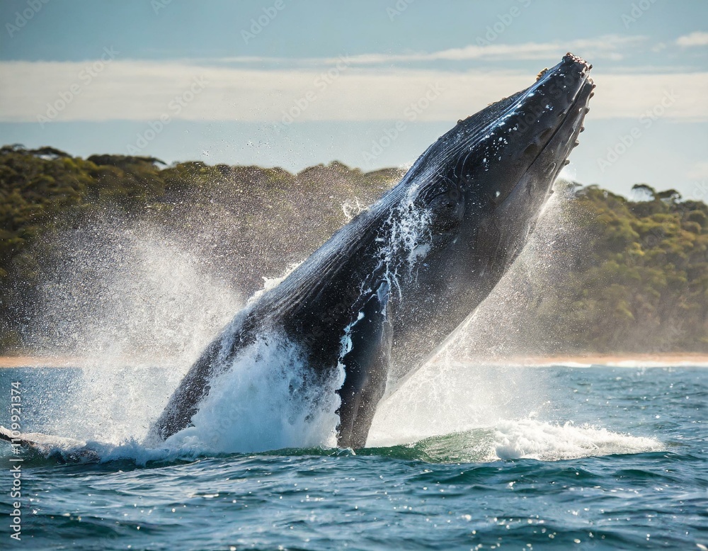 Fototapeta premium Humpback whale jumping out of the water in Australia. The whale is falling on its back and spraying water in the air.