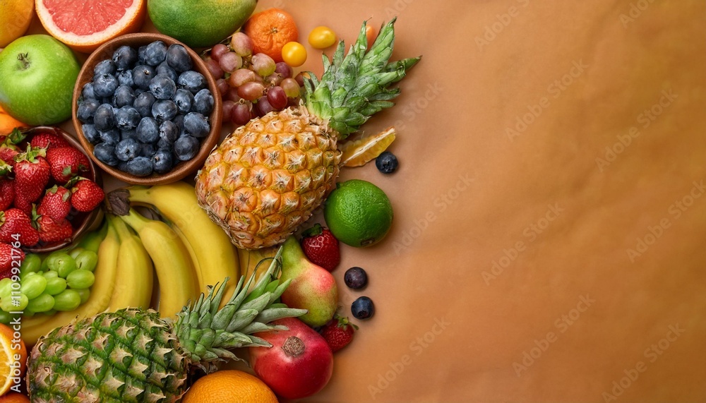 A vibrant mix of fresh fruits, including pineapple, strawberries, and blueberries, arranged on a warm-toned background. A vibrant mix of fresh fruits, including pineapple, strawberries, and blueberries, arranged on a warm-toned background.