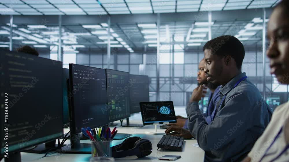 Cheerful server room workers laughing together in office while ensuring minimal downtime. Jolly engineers having fun in data center, using data analytics to monitor performance, camera A