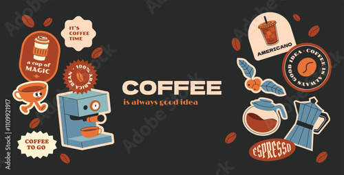 Coffee stickers collection. Hipster groovy coffee elements stickers, tags, labels. Y2k vintage organic flat.