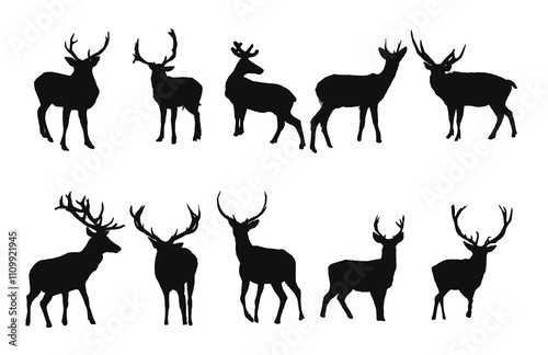 Deer silhouettes Illustration Set, Black and White Silhouettes. Collection of Different Deer Poses, Perfect for Logo, Design, and More.