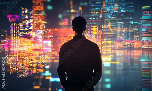 Wallpaper Mural A figure gazes at a vibrant, digital cityscape filled with colorful lights and data. Torontodigital.ca