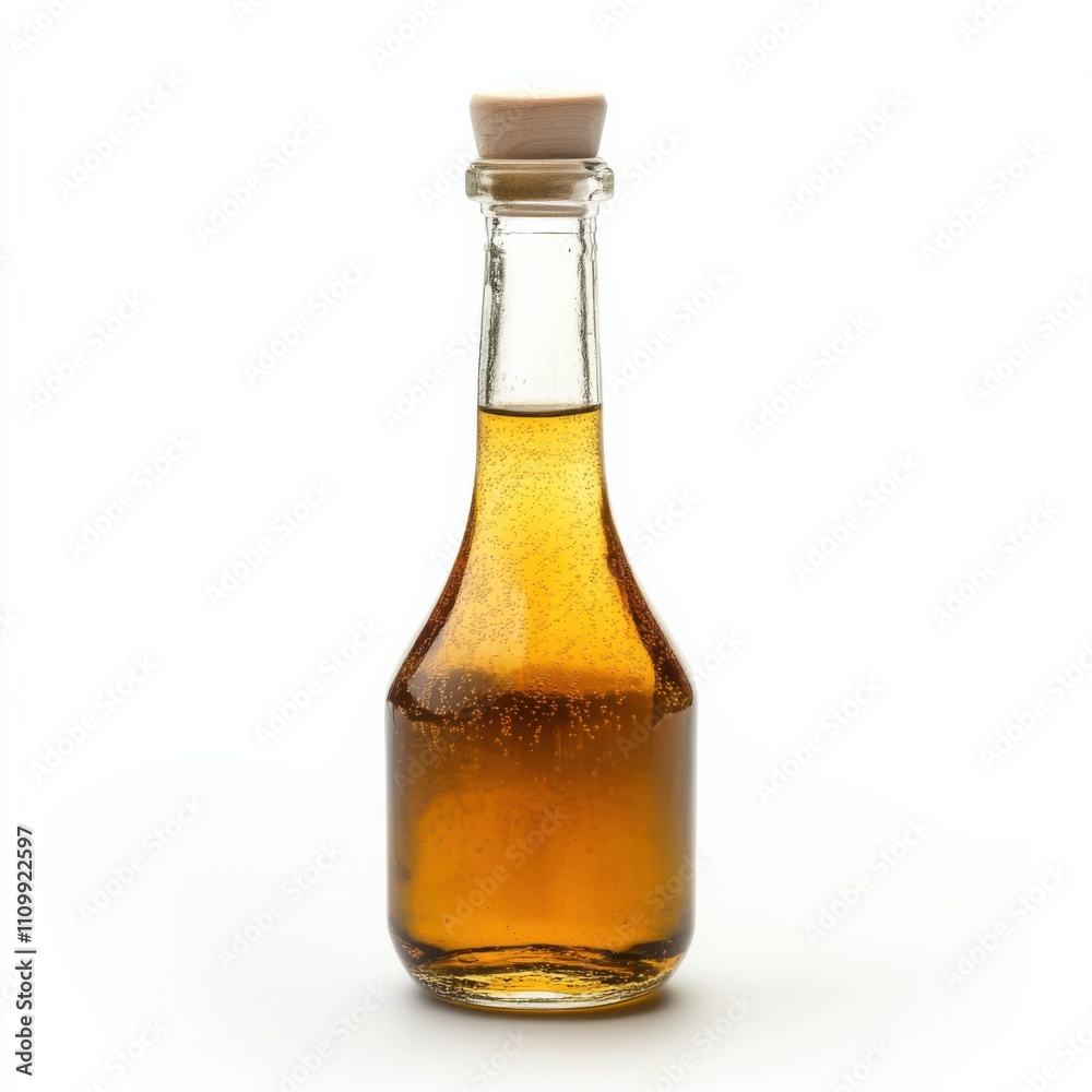 A bottle of aged rice vinegar with a drizzle, isolated white background, realism art style A bottle of aged rice vinegar with a drizzle, isolated white background, realism art style