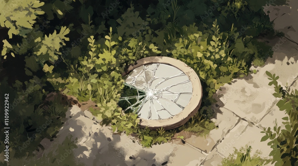 Fototapeta premium A cracked circular mirror surrounded by lush greenery and stone pathways.