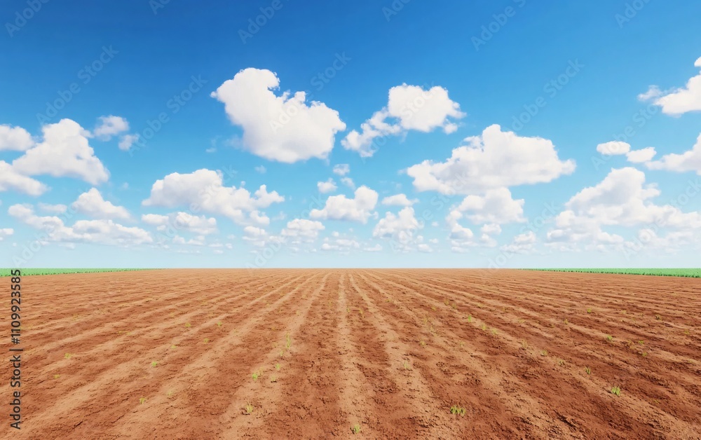 A vast, empty agricultural field under a bright blue sky with scattered clouds. A vast, empty agricultural field under a bright blue sky with scattered clouds.