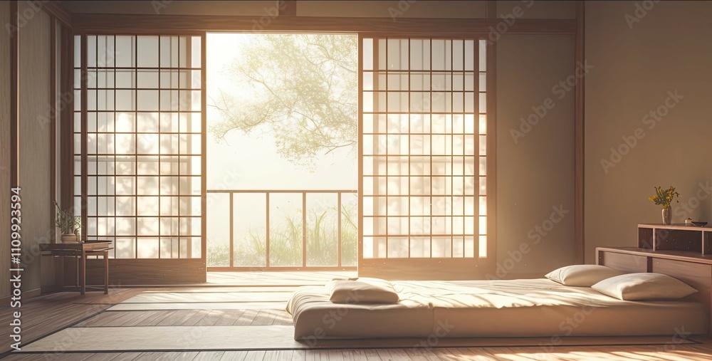 Serene Japanese Bedroom With Sliding Doors And Sunlit View Serene Japanese Bedroom With Sliding Doors And Sunlit View