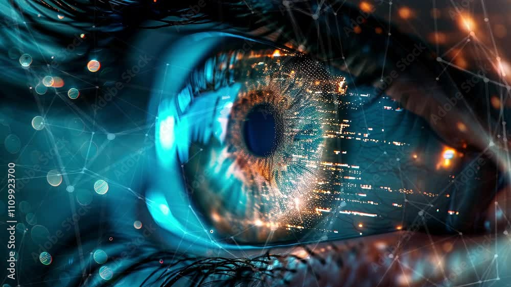 Close-up of a futuristic digital eye. Digital eye, data network and cyber security technology. Futuristic tech of virtual cyberspace. Digital eye. Internet secure surveillance. Generate AI. Close-up of a futuristic digital eye. Digital eye, data network and cyber security technology. Futuristic tech of virtual cyberspace. Digital eye. Internet secure surveillance. Generate AI.