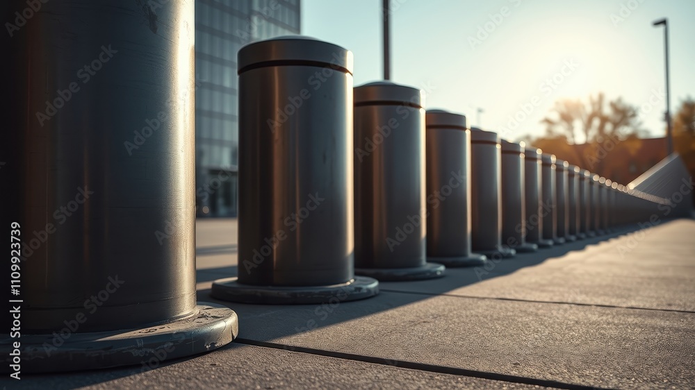 A line of metallic bollards in a row, casting shadows on the concrete ground, against the backdrop of a modern building and a sun-drenched sky. A line of metallic bollards in a row, casting shadows on the concrete ground, against the backdrop of a modern building and a sun-drenched sky.