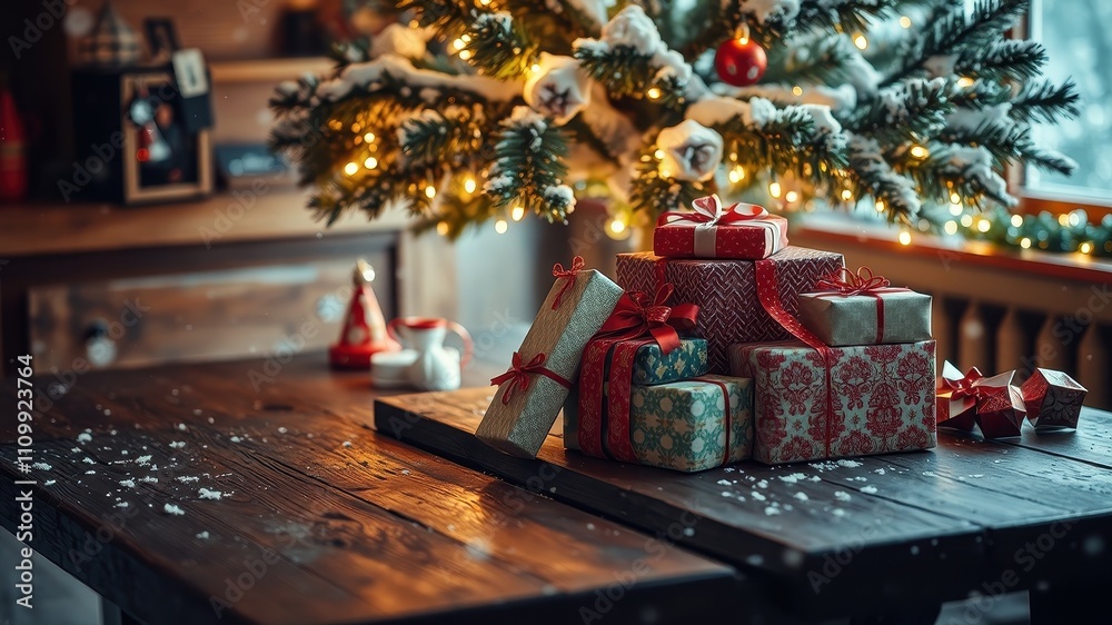 A rustic wooden table with scattered snowflakes and a stack of festively wrapped gifts, all under the glow of Christmas lights on a snow-laden tree. A rustic wooden table with scattered snowflakes and a stack of festively wrapped gifts, all under the glow of Christmas lights on a snow-laden tree.