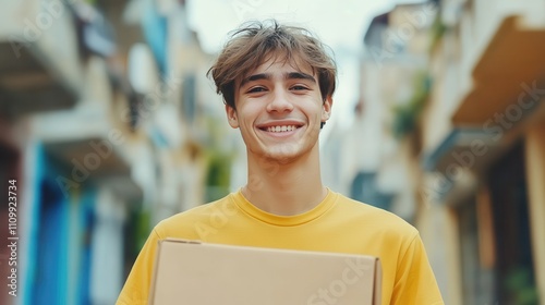 Young cheerful volunteer working at charity center and giving free food donation box for people in need in charitable foundation. Humanitarian aid, volunteering and social help for poor concept. photo